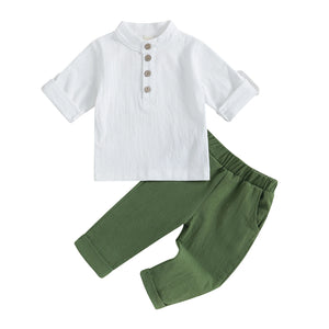 Pudcoco Kid Baby Boys Summer Outfits Solid Color Buttons Short Sleeve Shirts and Elastic Waist Long Pants 2Pcs Clothes Set 6M-4T