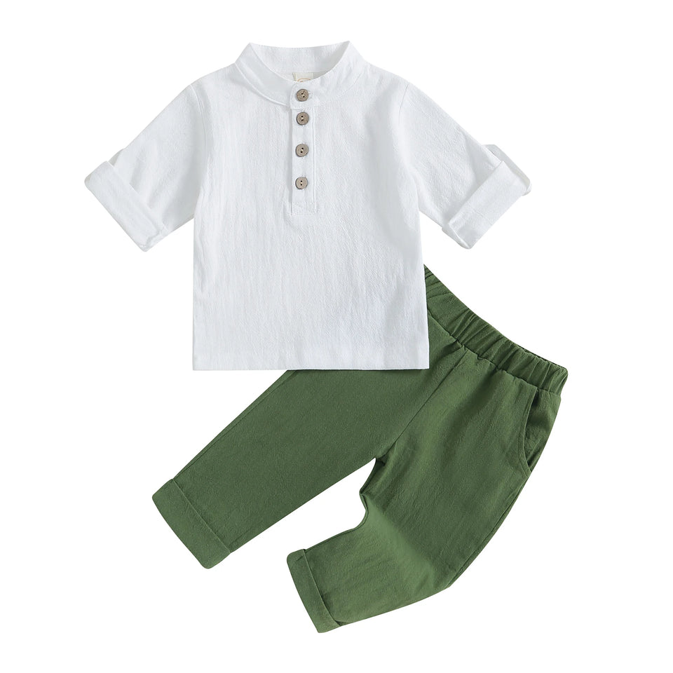 Pudcoco Kid Baby Boys Summer Outfits Solid Color Buttons Short Sleeve Shirts and Elastic Waist Long Pants 2Pcs Clothes Set 6M-4T