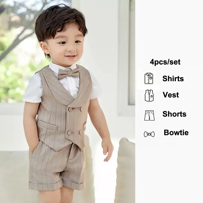 Boys Spring Summer Khaki Striped Suit Set Baby Child Birthday Party Wedding Photography Costume Kids Blazer Vest Pants Clothes