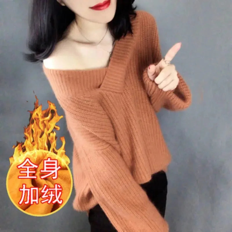 Ladies V-neck Pullover Knitted Autumn Winter Female New Solid Color Knit Coat