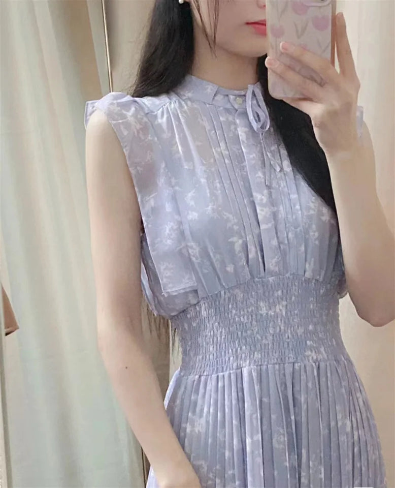 Kuzuwata Fresh Mid-length Print High Waist Robe New Gentle Literary Lace Up Pleated Slim Exquisite Mujer Japan New Elegant Dress