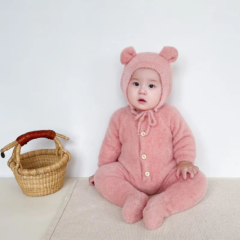 2Pcs Baby Winter Jumpsuits Hat Faux Fur Footed Newborn Romper for Girls Boys Clothes Soft Warm Toddler Outfit Set Kids Clothing