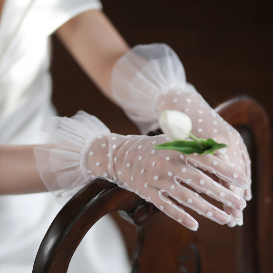 Wedding Bridal Handmade Gloves Soft Tulle Dots Ruffle Shor