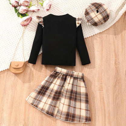 Toddler Girls Flutter Trim Long Sleeve Top + Plaid Skirt Kids Clothes Autumn Party