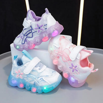 Disney Pink Elsa Princess Baby Girls Sneaker Cartoon Fashion Children's Shoes Autumn Kids Led Lighting Sports Sneakers