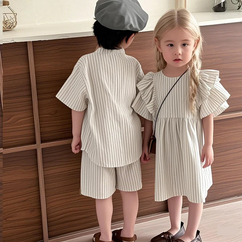 Summer Thin Brother Sister Outfits Boy Children Cotton Short Sleeve T-shirt+Shorts 2pcs Girl Baby Striped Fly Sleeves Dress