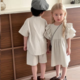 Summer Thin Brother Sister Outfits Boy Children Cotton Short Sleeve T-shirt+Shorts 2pcs Girl Baby Striped Fly Sleeves Dress