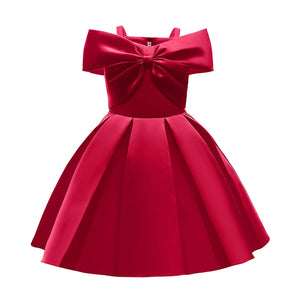 2024 New Girl Summer Solid Dress Bowknot Short Sleeve Shoulderless Children Skirts Breathable Quick Drying Casual Kids Dresses