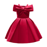 2024 New Girl Summer Solid Dress Bowknot Short Sleeve Shoulderless Children Skirts Breathable Quick Drying Casual Kids Dresses