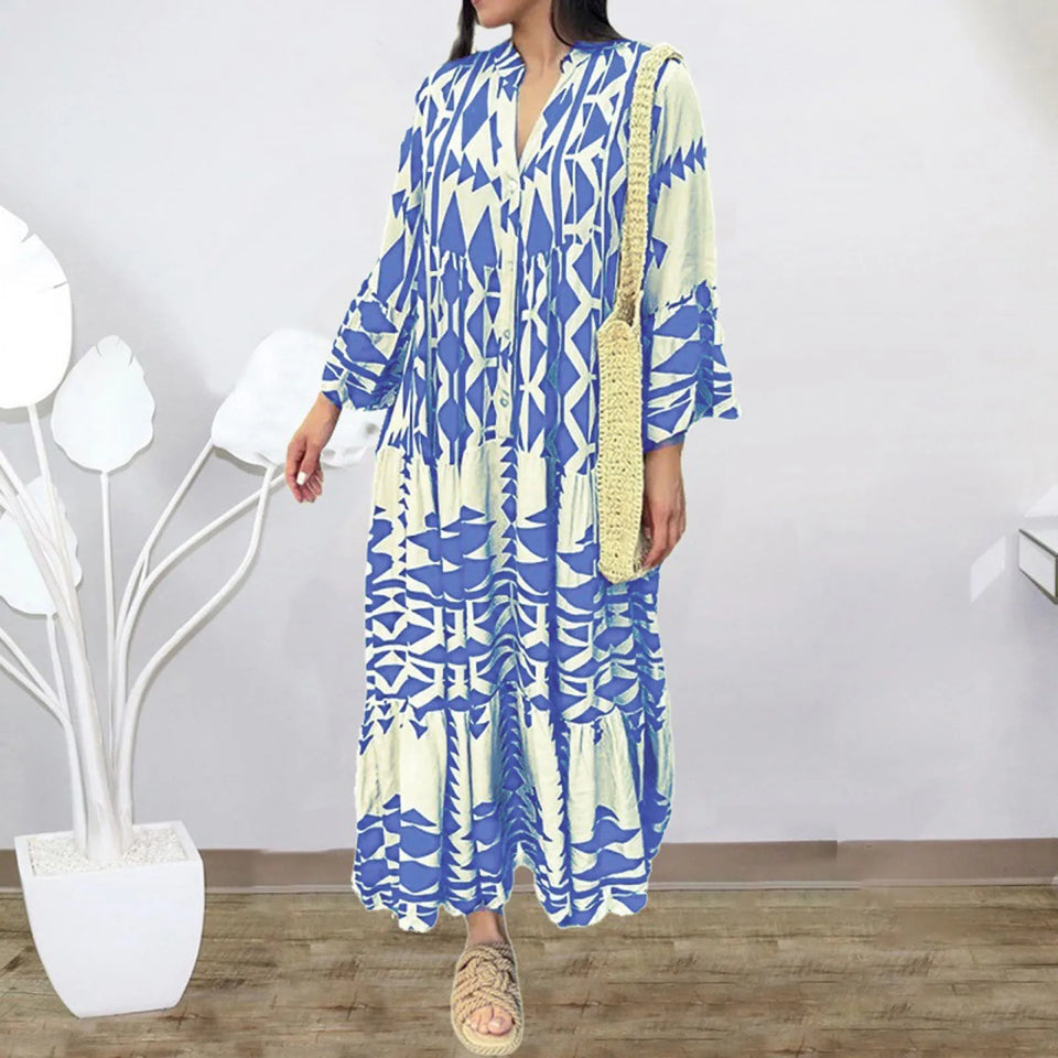 Summer Shirt Dresses Women Long Sleeve Pleated Boho Print Long Dress Robe Ladies Fashion Vintage Beach Maxi Dresses Vestidos