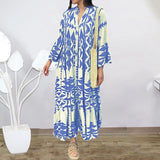 Summer Shirt Dresses Women Long Sleeve Pleated Boho Print Long Dress Robe Ladies Fashion Vintage Beach Maxi Dresses Vestidos