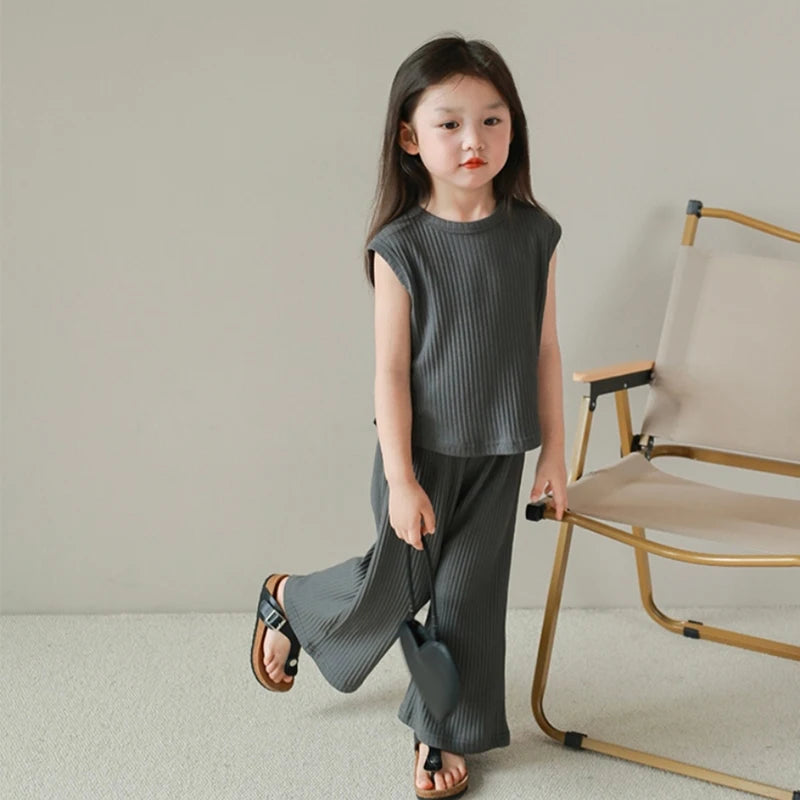 Children Girls Clothes Set Solid Color Summer Girls Loose Sleeveless Vests Set