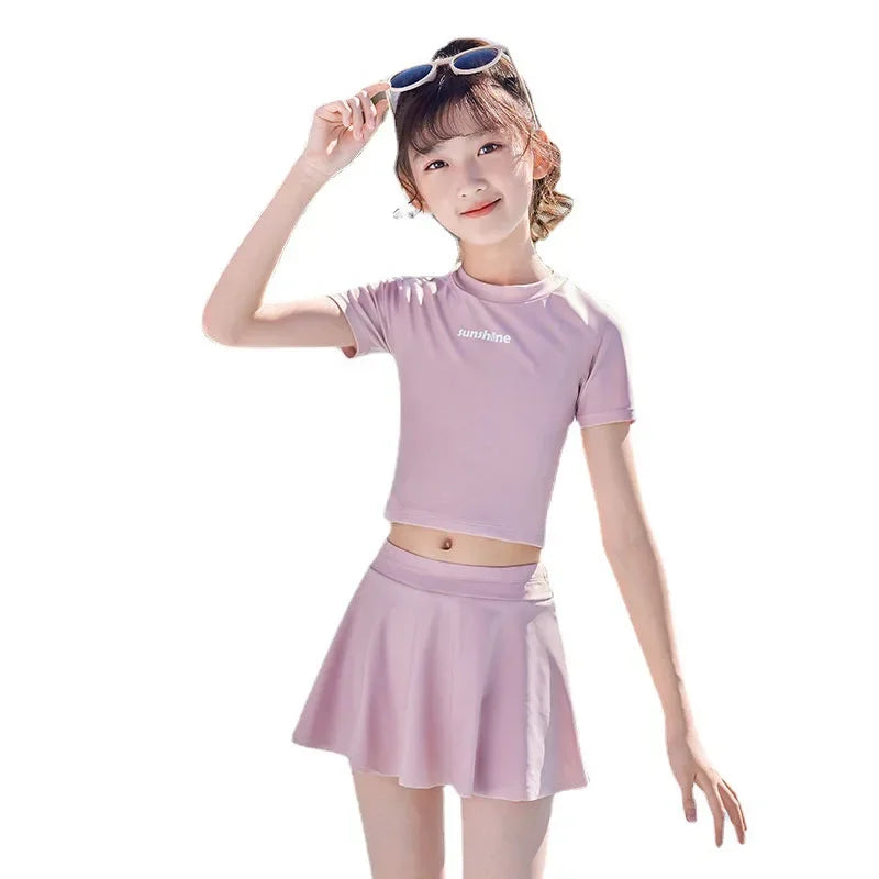 Two Pieces Girls Swimsuit Summer Beach Swimwear Skirt With Underwear Short Sleeve