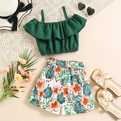 Kids Girl Clothes Set For 8-12 Years Green Lotus Collar Halter Top And Printed Shorts Pastoral Style Beach Vacation Daily Suit