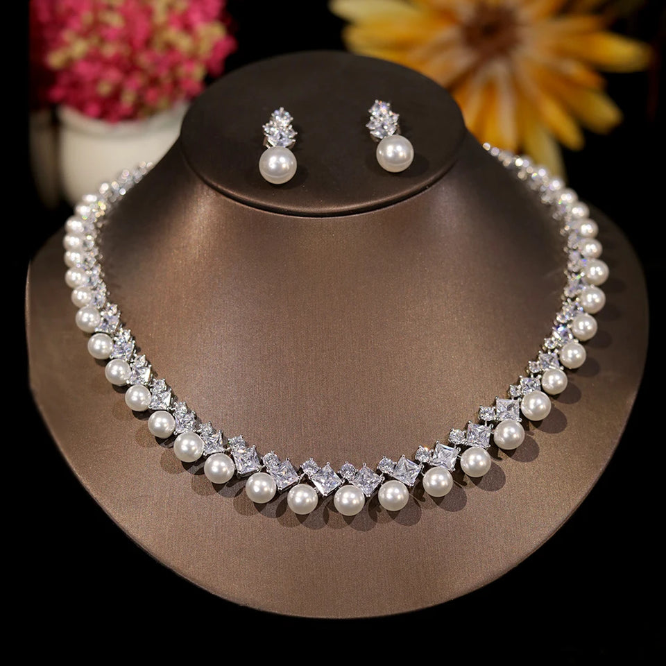Elegant White CZ Wedding Accessories for Women Brides Classic Round Pearl Necklace and Earrings Costume Jewelry Sets X0482