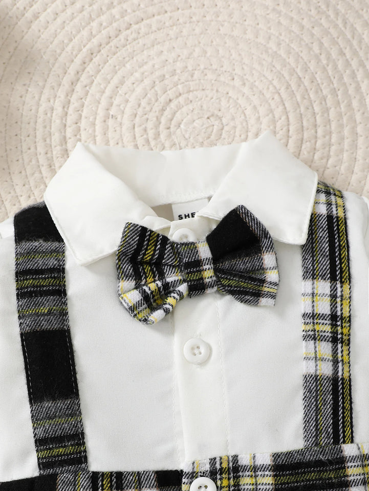 Newborn Literary Style Boy Baby Lapel False Strap Black Plaid Color