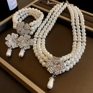 Flower Party Necklaces Women French Luxury Imitation Pearl Multi-layer Necklaces Bracelet Earrings Shiny Rhinestone Jewelry Sets
