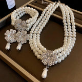 Flower Party Necklaces Women French Luxury Imitation Pearl Multi-layer Necklaces Bracelet Earrings Shiny Rhinestone Jewelry Sets