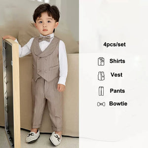 Boys Spring Summer Khaki Striped Suit Set Baby Child Birthday Party Wedding Photography Costume Kids Blazer Vest Pants Clothes