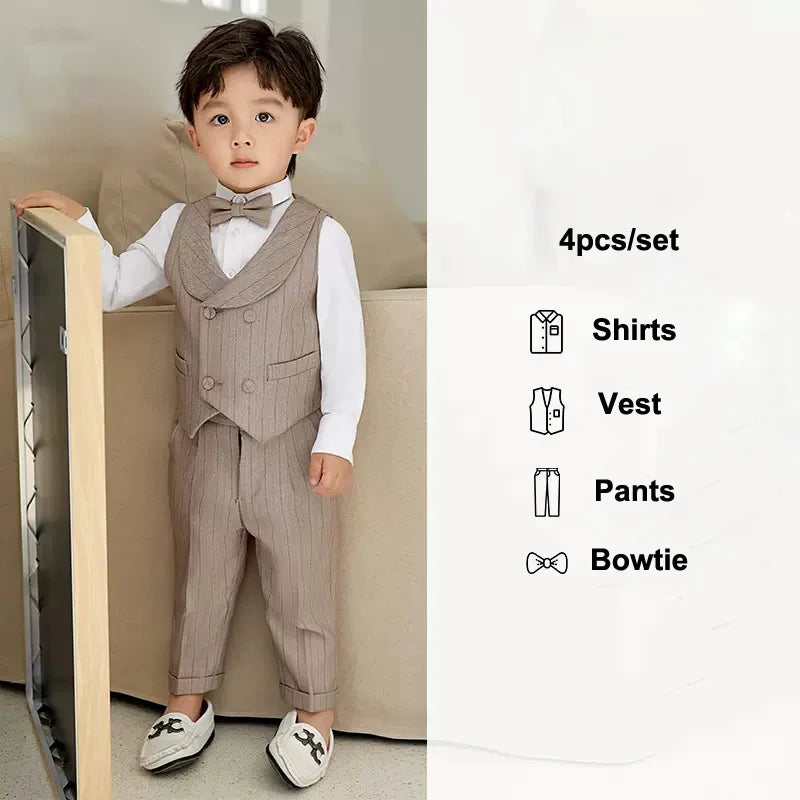 Boys Spring Summer Khaki Striped Suit Set Baby Child Birthday Party Wedding Photography Costume Kids Blazer Vest Pants Clothes