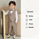 Boys Spring Summer Khaki Striped Suit Set Baby Child Birthday Party Wedding Photography Costume Kids Blazer Vest Pants Clothes