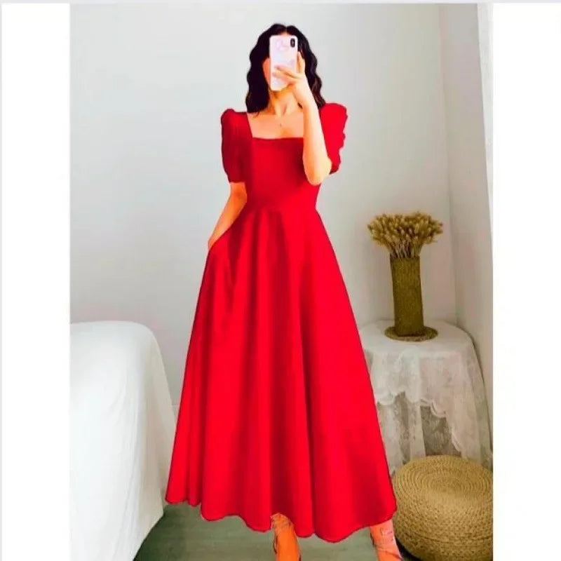 Long Dress Slimming Elegant Waist-fitted Square Collar Puff Sleeve Dress For Women Summer