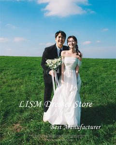 LISM 2025 Off Shoulder A Line Taffeta Wedding Dresses Korea Photo shoot Pleats Country Bridal Gowns Corset Back Customized