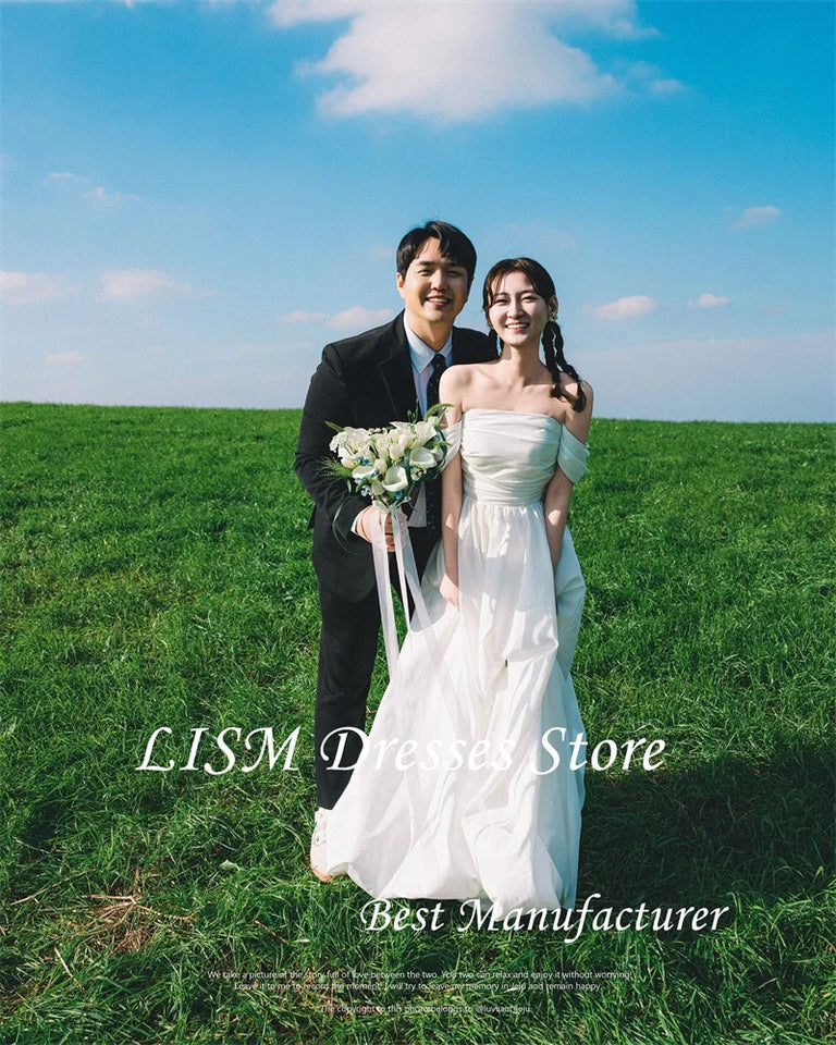 LISM 2025 Off Shoulder A Line Taffeta Wedding Dresses Korea Photo shoot Pleats Country Bridal Gowns Corset Back Customized