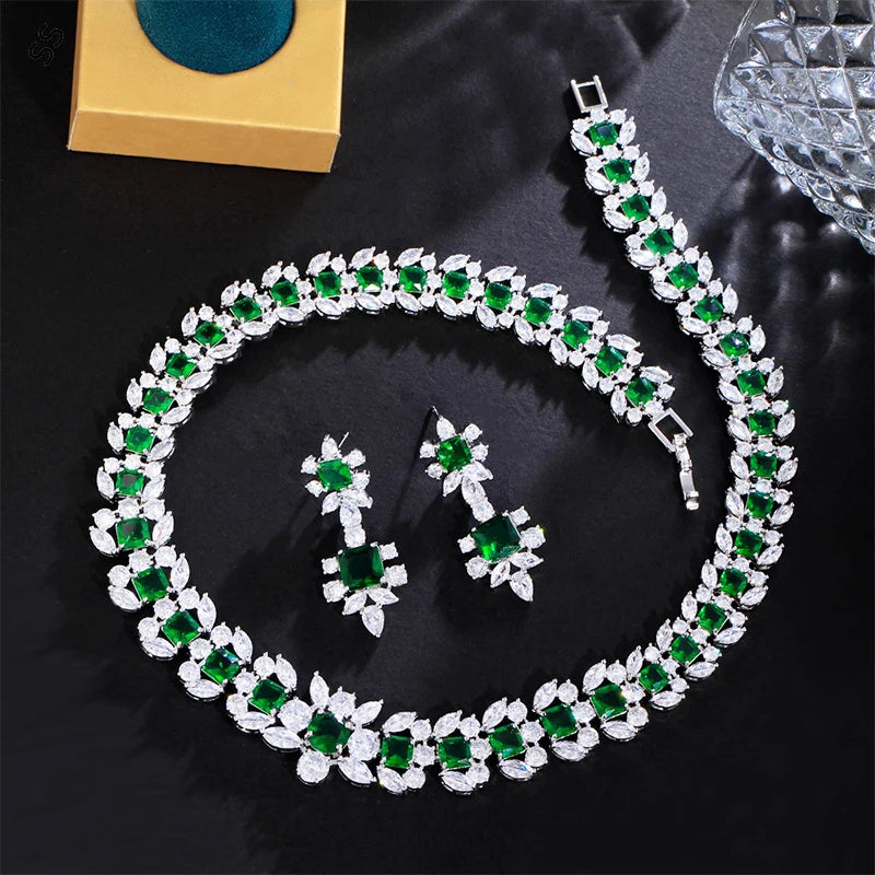 Europe and American High Quality Luxury Emerald Jewelry Sets 2 Piece Green Zircon Earring Necklace Chain Banquet Dress Accessory