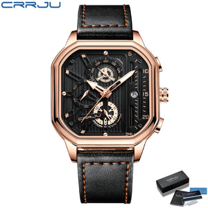 CRRJU Fashion Square Dial Leather Mens Watches Luxury Sport Waterproof Watch Man Chronograph Quartz WristWatches Homme+Box
