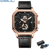 CRRJU Fashion Square Dial Leather Mens Watches Luxury Sport Waterproof Watch Man Chronograph Quartz WristWatches Homme+Box
