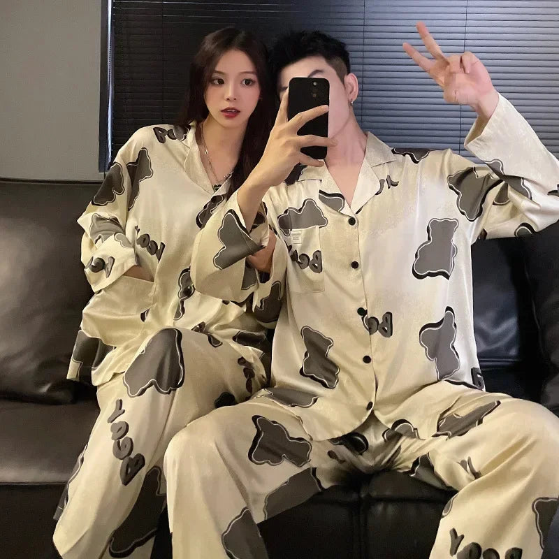 Fashion Design Pajamas Suit Women Men Ice Silk Long Sleeves Home Colth Couples Satin Thin Sleepwear Set Cool Summer Male Female