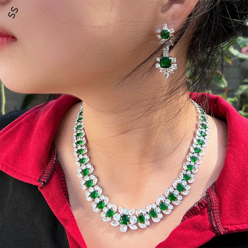 Europe and American High Quality Luxury Emerald Jewelry Sets 2 Piece Green Zircon Earring Necklace Chain Banquet Dress Accessory