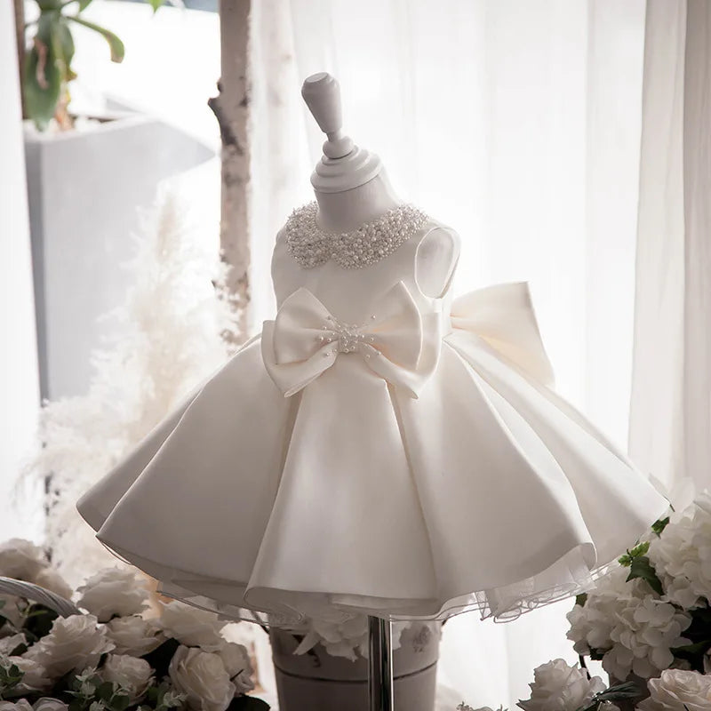 Toddler White Wedding Satin Princess Baby Girl Dress Bow 1 Year Birthday Evening Party Newborn Christening Dress for Girl Clothe
