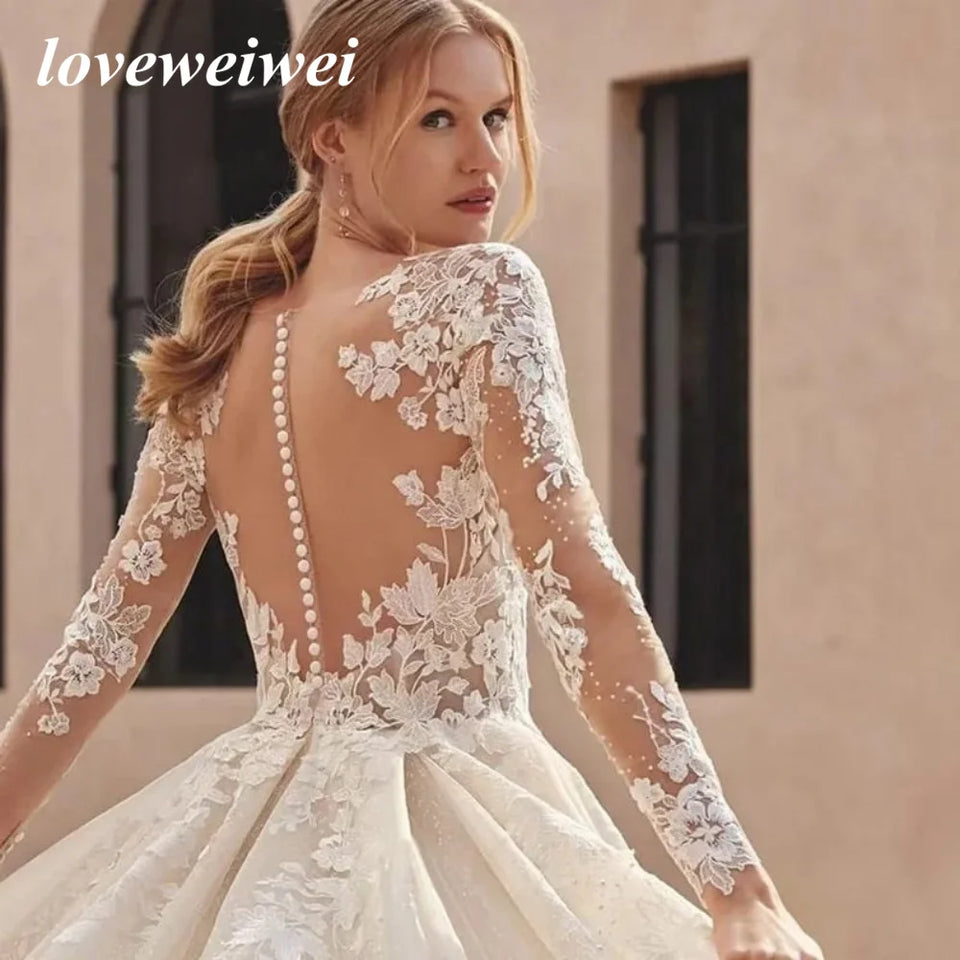 Gorgeous A-line Appliques Lace Wedding Dress For Bride Luxury Long Sleeve