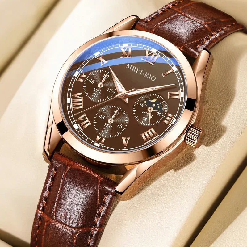 Luxury Brand Watch Men Quartz Watches Leather Strap Fake Three Eye Fashion Business Wristwatches