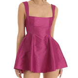 Women Summer Back Bow Short Sling Dress Solid Color Sleeveless Backless Square Neck Party Club A-line Dress