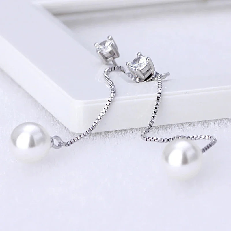 Fashion Silver-color Simulated Pearl Pendant Long Chain Cubic Zirconia  Earrings Bridal Wedding  Jewelry Drop