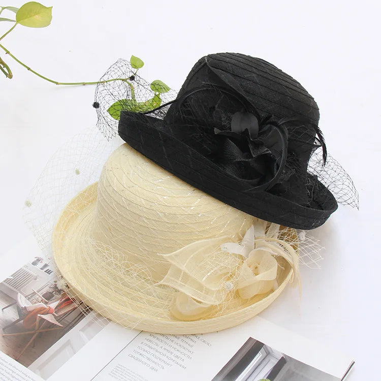 New hapeau femme luxe ceremonie mariage curling mesh top women hat