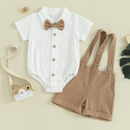 Pudcoco Toddler Boy Gentleman Outfit Solid Color Short Sleeves Romper with Bow Tie and Overalls Shorts