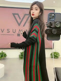 Casual Strip Knitwear Loose Midi Dresses  Elegant Half Turtleneck Knitted Dress Sweater