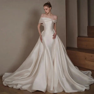 Elegant Off Shoulder Wedding Dress Boat Neck Short Sleeve  Beading Back A-Line Satin Mermaid Bridal Party dress Customized