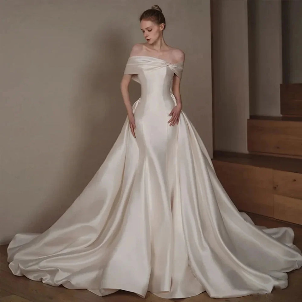 Elegant Off Shoulder Wedding Dress Boat Neck Short Sleeve  Beading Back A-Line Satin Mermaid Bridal Party dress Customized