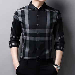 Luxurious Men's Long Sleeve Striped Shirt New Spring Autumn Ice Silk Business Top Wrinkle-resistant Non-iron Solid Men Clothing