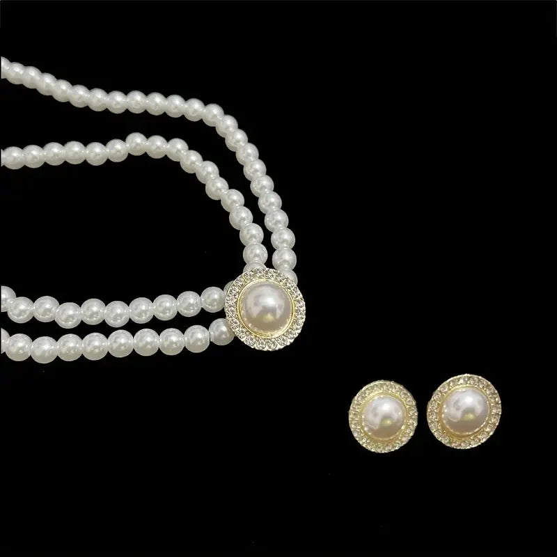 3PCS/Set Sweet Lady Imitation Pearl Round Pendant Necklace Earrings Jewelry Set