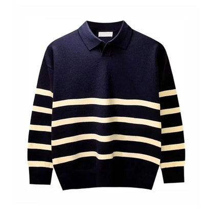 Autumn Simple Lapel Striped Sweater For Men Casual Vintage Korean Fashion