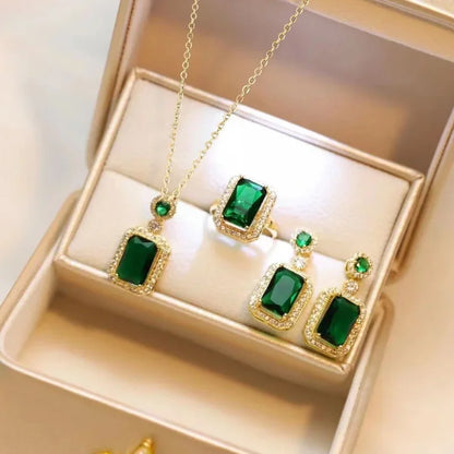 Exquisite Fashion Emerald Perfume Bottle Necklace Earrings Ring 3 Piece Set Classic Banquet Wedding Jewelry