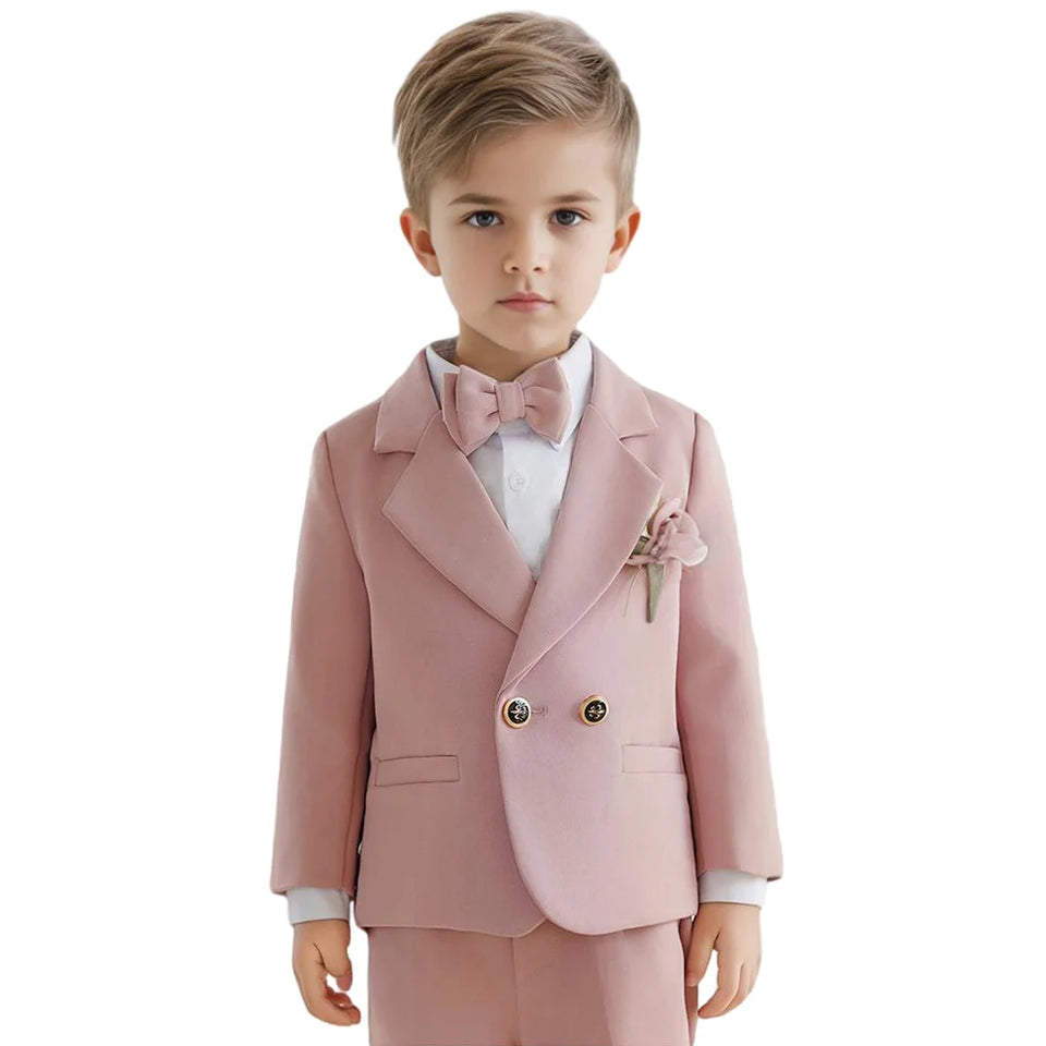Boys Spring Autumn Formal Pink Suit Children Kids Blazer Pants Bowtie Outfit