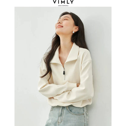 Vimly Apricot Half Zipper Short Sweatshirts  Spring Lapel Elastic Hem Pullovers Casual Loose Long Sleeve Top for Woman