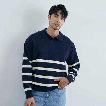 Autumn Simple Lapel Striped Sweater For Men Casual Vintage Korean Fashion